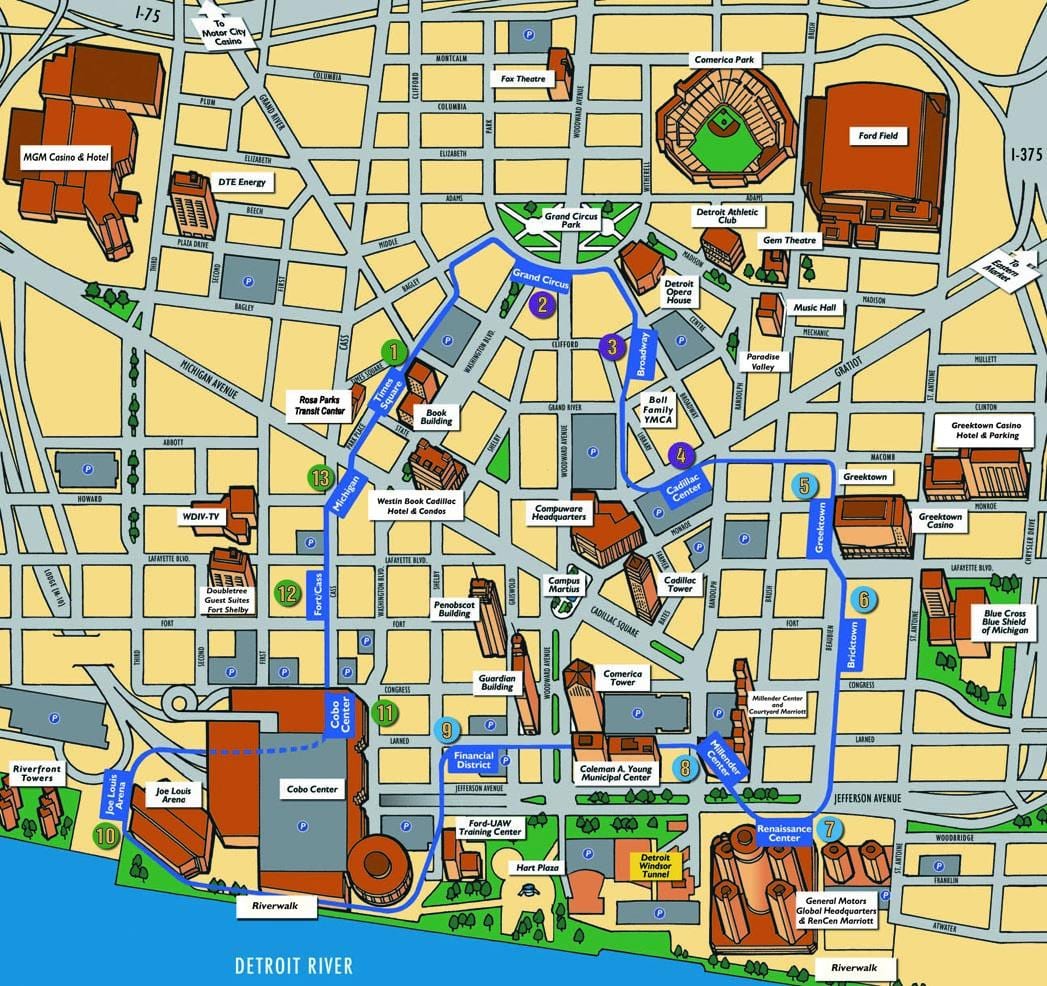 Downtown Detroit Map Printable City Of Detroit Downtown Map